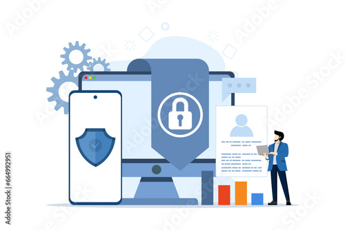 Cyber security vector illustration concept with characters. Data security, protected access control, privacy data protection. Data encryption. Cybersecurity and privacy. flat vector illustration.