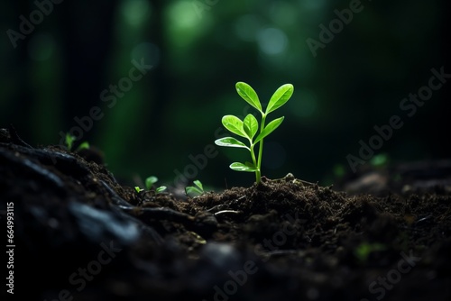 a close-up macro photo of a young green tree plant sprout or fern growing up from the black soil in the forest. Growth new life concept.