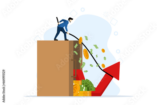 Investment crisis concept. save investment portfolios or adjust strategies during market recessions. The stock market plummeted badly. Businessman pulling arrow graph with rope. vector illustration.