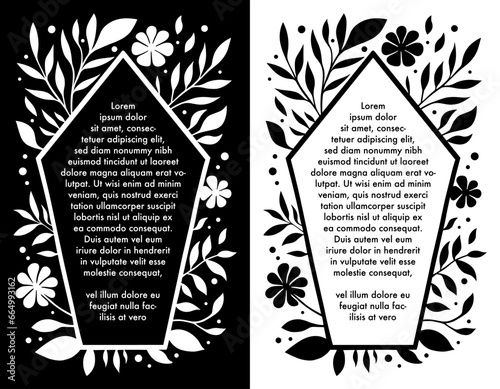 Floral coffin frame with text space. Modern gothic card template for birthday and anniversary. Halloween party invitations. Minimalist vector illustration for printable products.