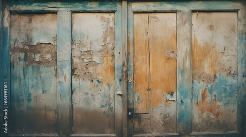 An antique, weathered door with peeled-off paint, telling tales of the countless footsteps that passed through over the years. copy space. generative AI