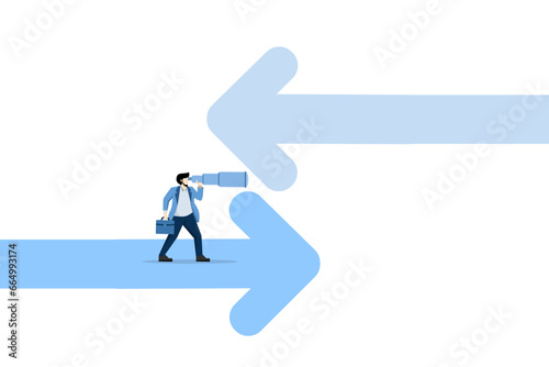 The vision concept is to see the direction of a business, predict the economy or the future. Businessman standing on giant arrow using binoculars. Flat vector illustration on white background.