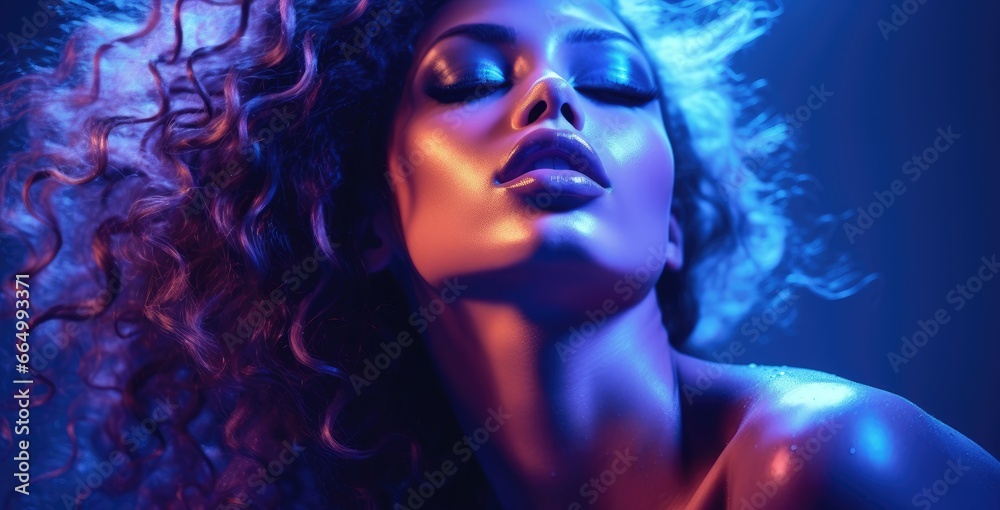 Fashion female model in colorful bright neon blue and purple lights. Glitter vivid neon makeup, trendy glowing make-up concept
