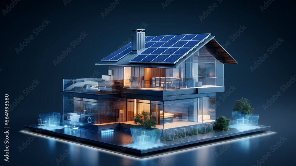 solar powered model house on gray background