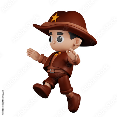 3d Character Sheriff Jumping Pose. 3d render isolated on transparent backdrop.