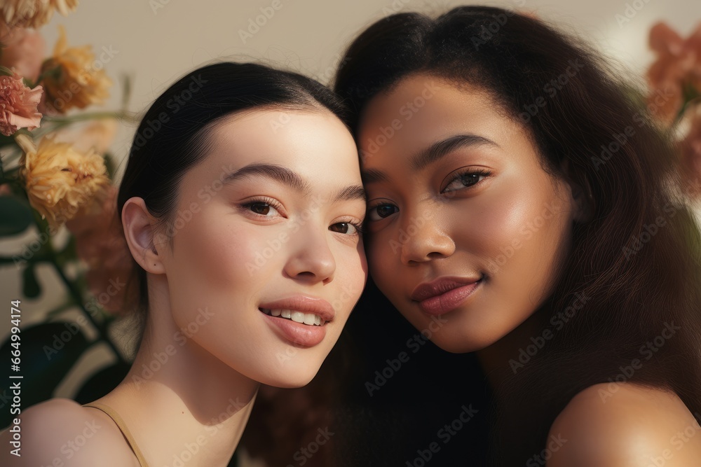 Cheerful girls embracing each other, happy gay multiethnic couple smiling happily and feeling love. Two women ethnic friends. Lesbian, freedom and pride lgbt people lifestyle concept
