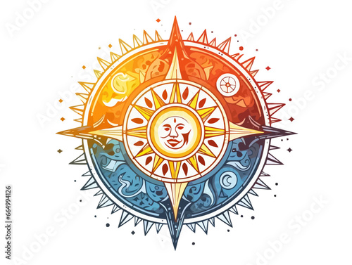 Doodle Dharma wheel with sun and moon, cartoon sticker, sketch, vector, Illustration, minimalistic