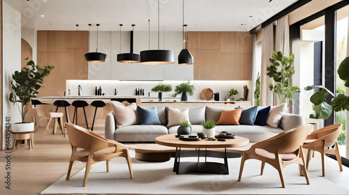 Interior house ultramodern open living space with chairpersons, round rustic dining table and sofa.Home interior design of ultramodern living room photo