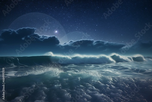 wild sea under a starlit sky. digitally produced, three-dimensional art. Generative AI