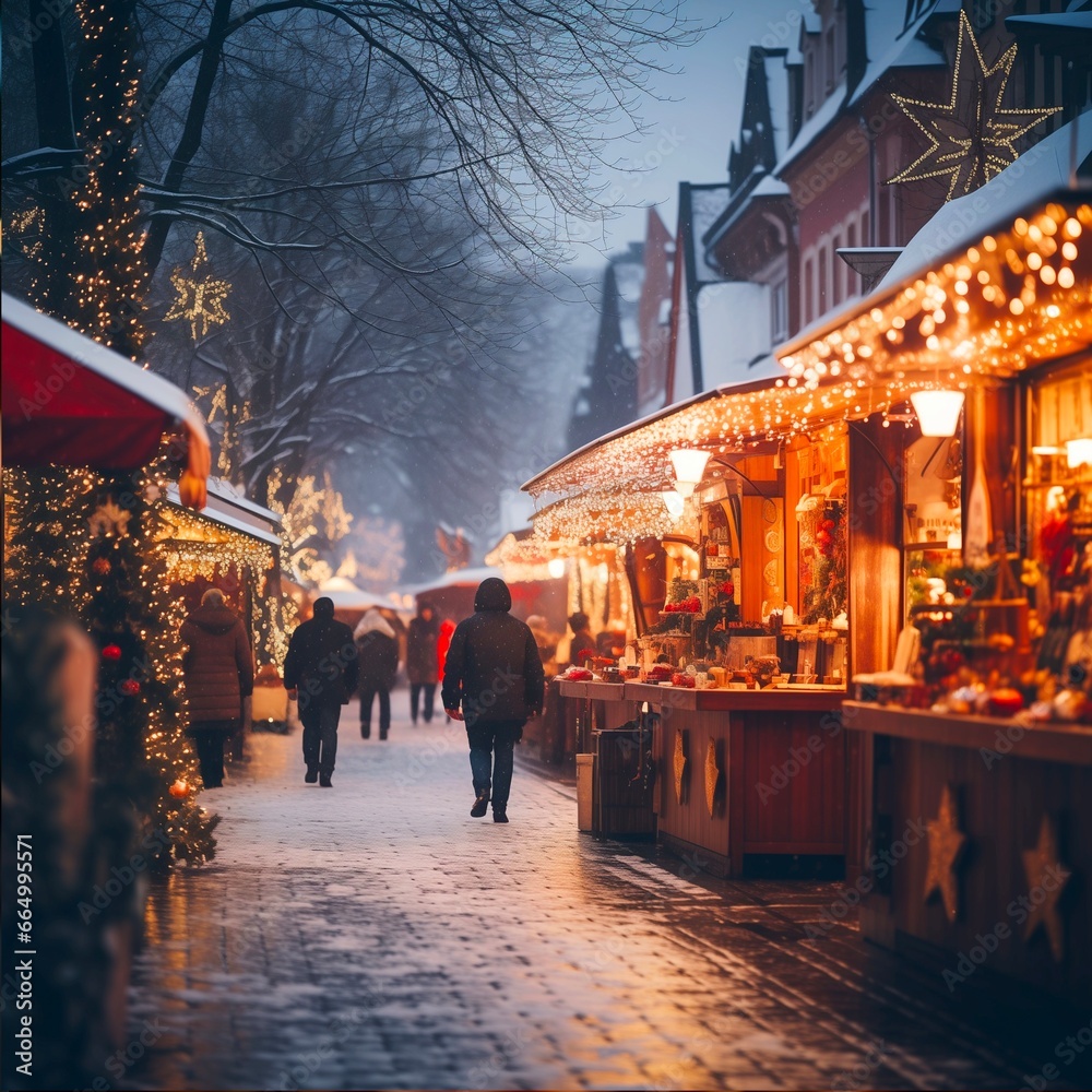 Christmas market in winter on a snowing day.