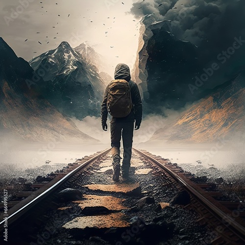 teen experiences a crisis that makes them question, walking alone on the railway with backpack into the mountains generative ai	 photo