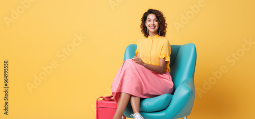 Smiling young woman sitting isolated on flat color background with copy space, creative minimal style banner template. photo