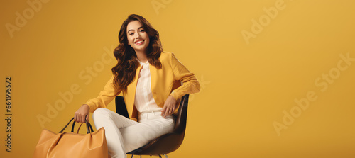Smiling young woman sitting isolated on flat color background with copy space, creative minimal style banner template.