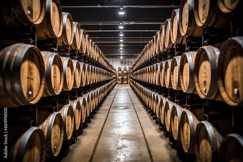 Wooden oak Port barrels in neat rows.