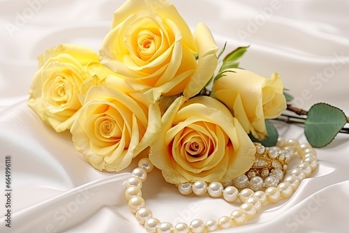 Yellow roses bouquet and pearls in white background.