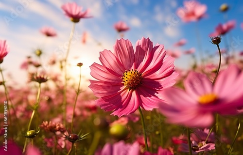 A cosmos flower face to sunrise in field.