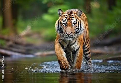 Amur tiger walking in the water. Dangerous animal. Animal in a green forest stream.