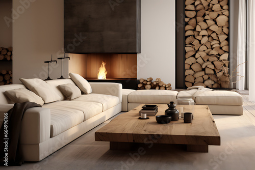 Scandinavian home interior design of modern living room. Large fireplace  cosy seating area. Minimalist.