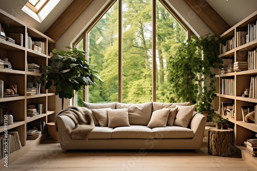 Scandinavian home interior design of modern living room. Library in an attic room  with large luxury sofa and woodland view.