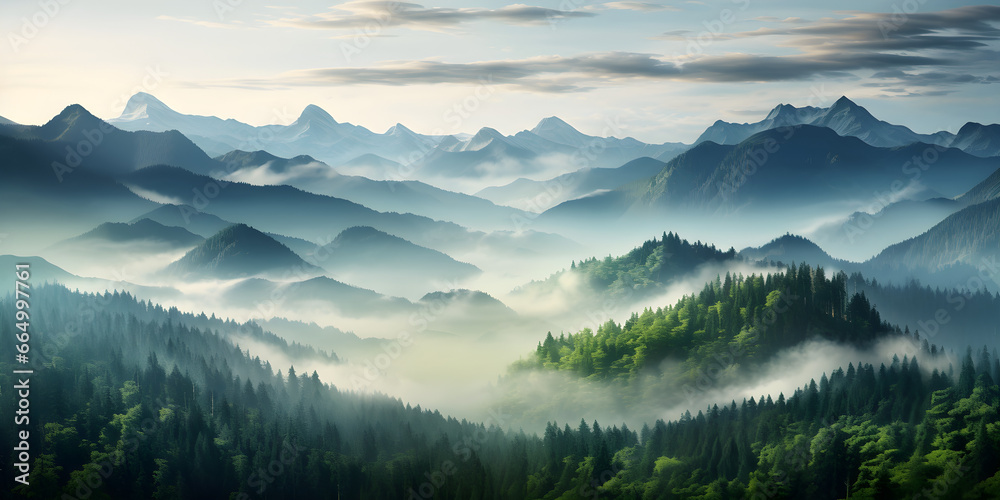 Mystical Morning Mist, Enchanting Panoramic View of Mountains and Pine Forest