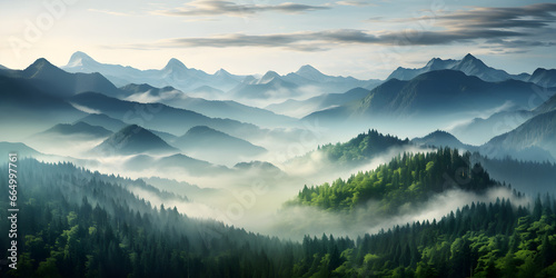 Mystical Morning Mist, Enchanting Panoramic View of Mountains and Pine Forest © ELmidoi-AI