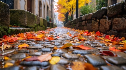 Autumn Leaves on Cobblestone Street