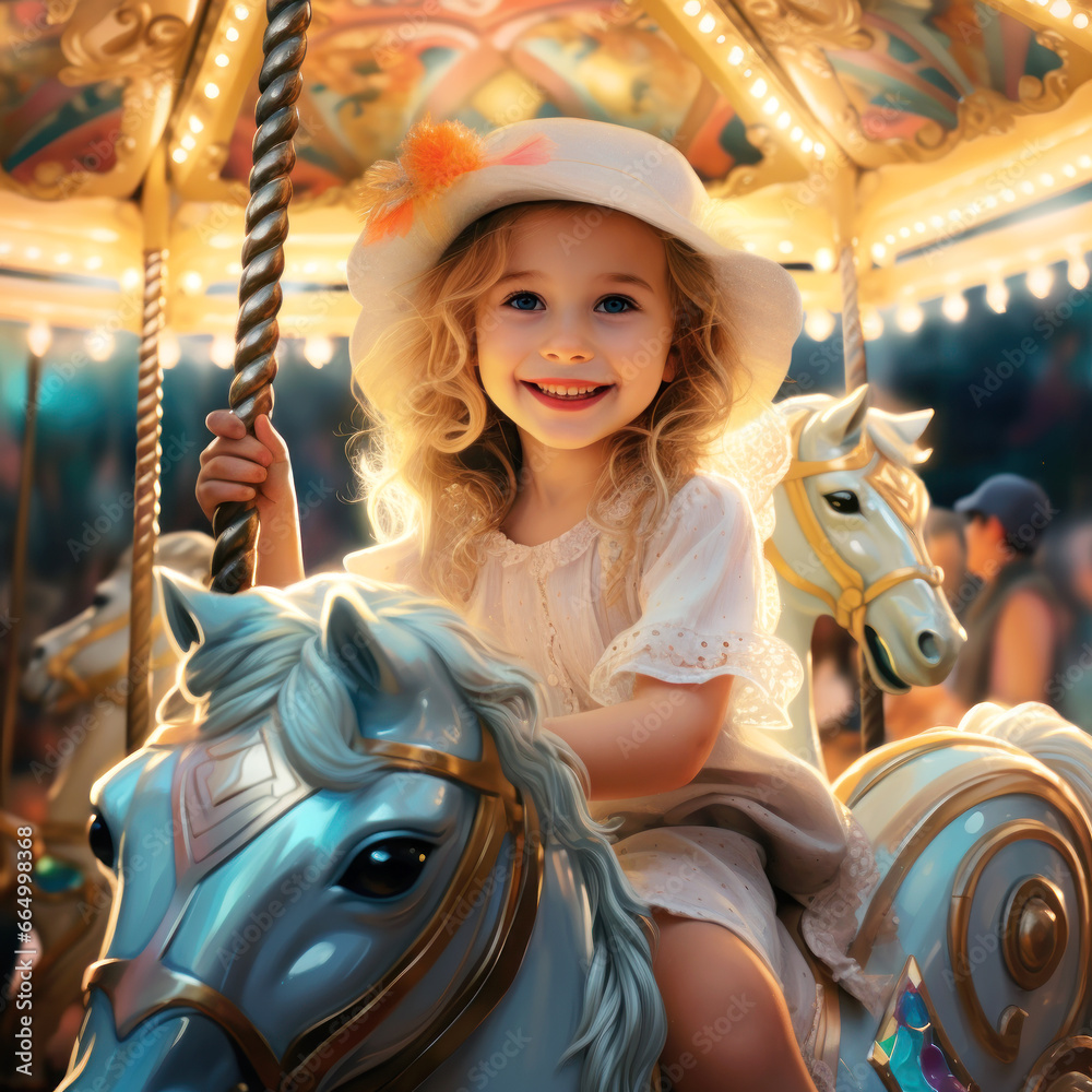 Kid girl having fun on a carnival carousel at an amusement park