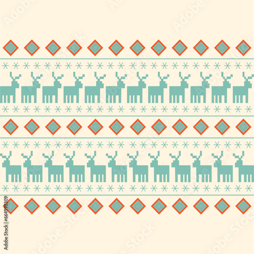 Christmas and New Year seamless pattern. Fair Isle flat knitting pattern in blue and white with Scandinavian snowflakes and reindeer for winter hat, sweater, jumper, paper or other designs.