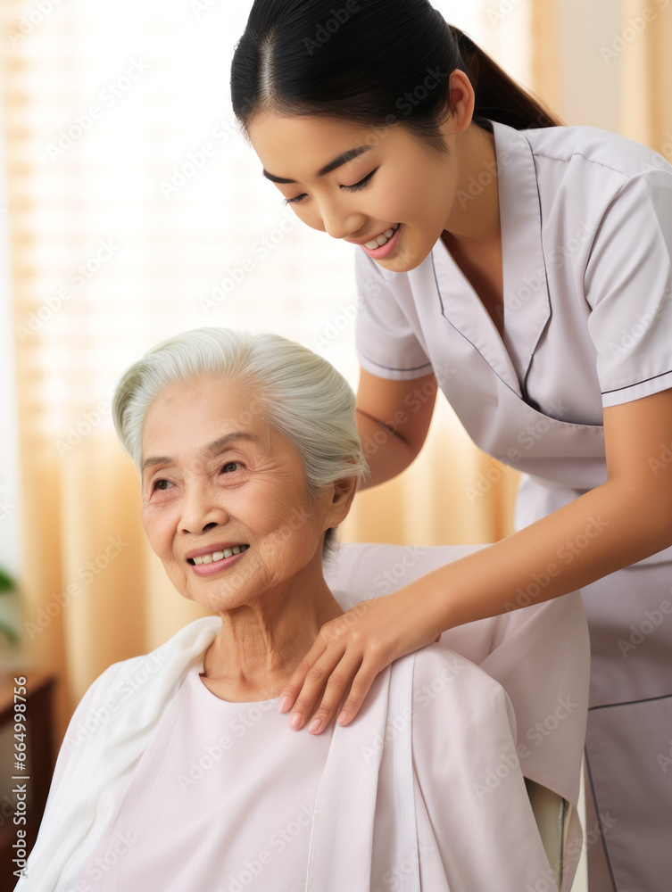 Asian caregiver and happy Asian senior woman in nursing home Asian caregiver and happy Asian senior woman in nursing home