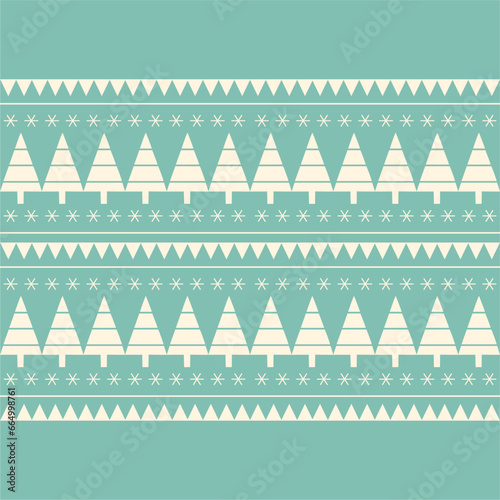 Christmas and New Year seamless pattern. Fair Isle flat knitting pattern in blue and white with Scandinavian snowflakes and Christmas trees for a winter hat, sweater, jumper, paper or other designs.