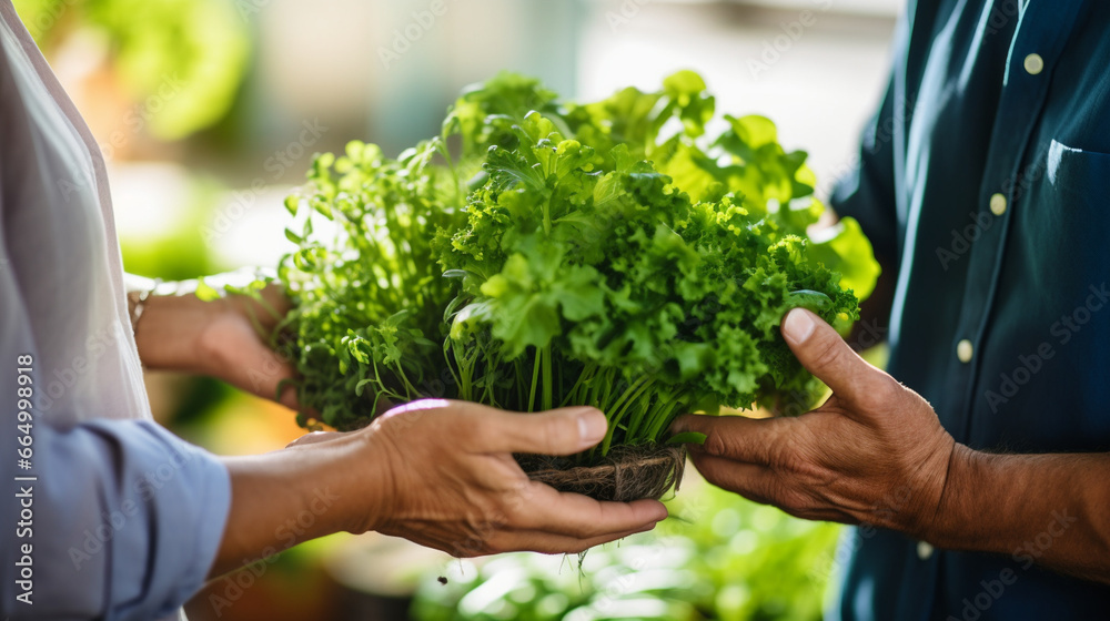 A microgreens farmer's market vendor handing a customer a bundle of freshly cut, crisp greens, radiating health and vitality