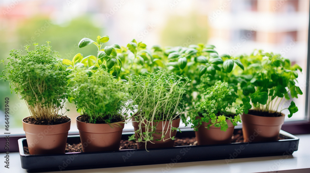 A tranquil windowsill herb garden, featuring microgreens alongside other herbs like parsley and thyme, adding a touch of greenery to a city apartment