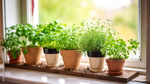 A tranquil windowsill herb garden, featuring microgreens alongside other herbs like parsley and thyme, adding a touch of greenery to a city apartment