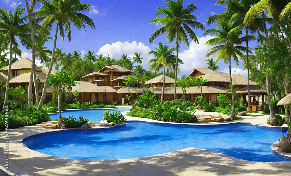 A photo sun loungers near palms and swimming pool in sunny day. A photo sun loungers near palms and swimming pool in sunny day.