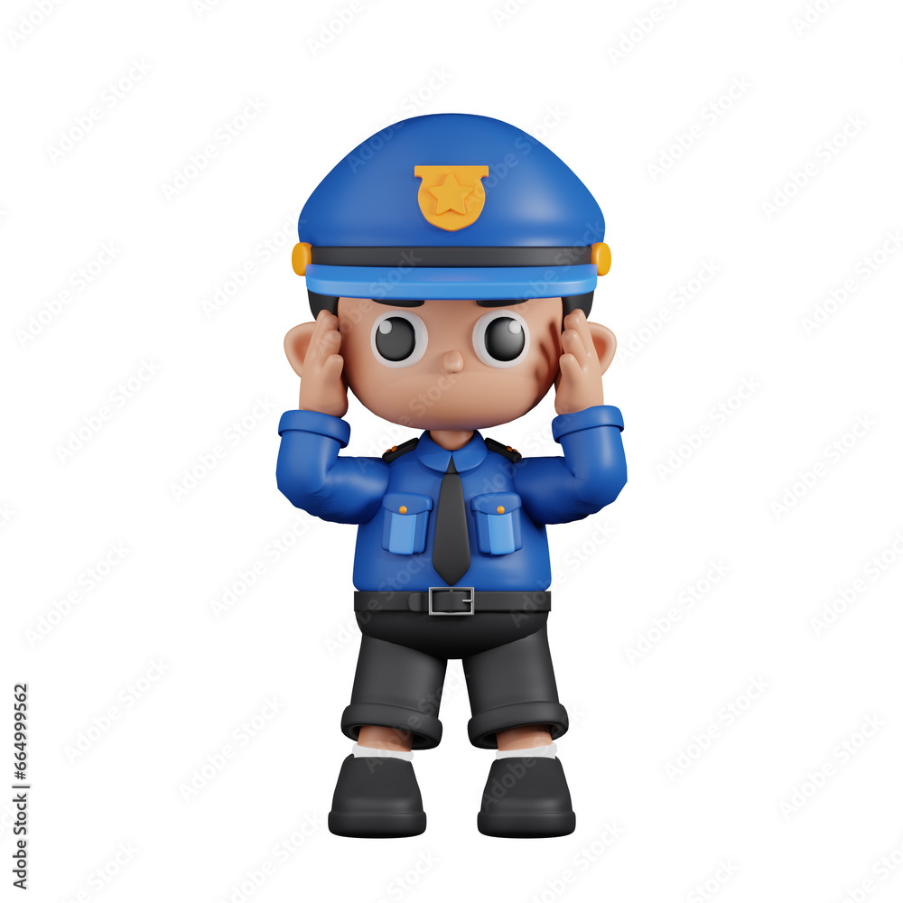 3d Character Policeman Dizzy Pose. 3d render isolated on transparent backdrop.