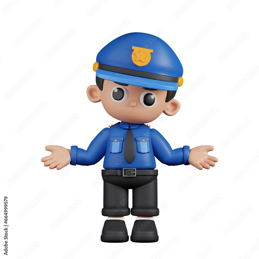 3d Character Policeman Doing The No Idea Pose. 3d render isolated on transparent backdrop.