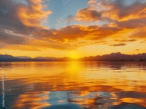 Bright sunset over Lake golden clouds reflect in the water. © MKhalid