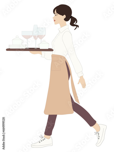 Waitress Carrying Tray - Minimalist Illustration of Professional Service
