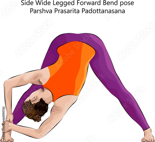 Young woman doing yoga Parshva Prasarita Padottanasana. Side Wide Legged Forward Bend pose. Intermediate Difficulty. Isolated vector illustration.