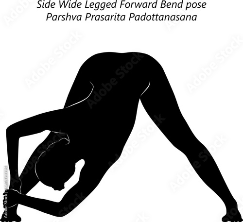 Silhouette of woman doing yoga Parshva Prasarita Padottanasana. Side Wide Legged Forward Bend pose. Isolated vector illustration.