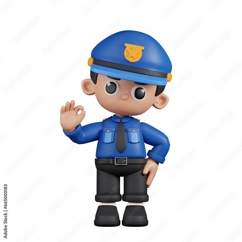 3d Character Policeman Giving Ok Sign Pose. 3d render isolated on transparent backdrop. 3d Character Policeman Giving Ok Sign Pose. 3d render isolated on transparent backdrop.