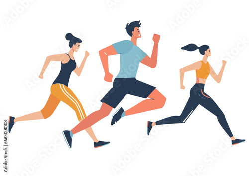 ランニングをする男女のカップルｰ白背景