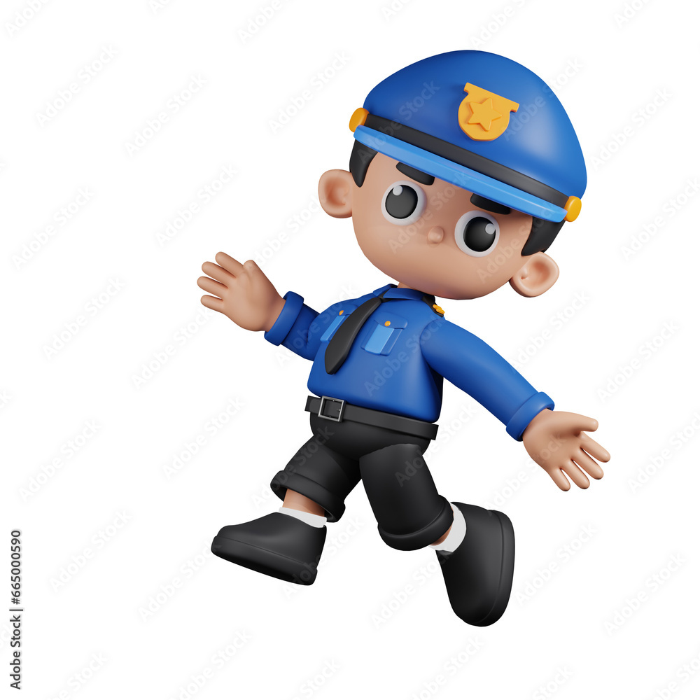 3d Character Policeman Happy Jumping Pose. 3d render isolated on transparent backdrop.