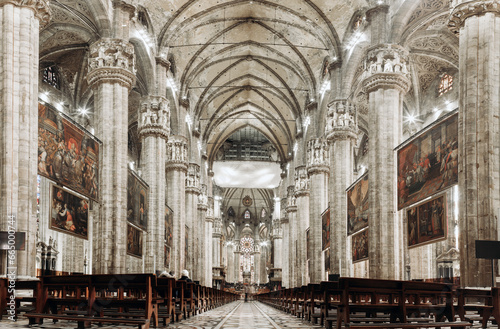 Inside the famous Duomo, the cathedral of Milan city, Italy, also known as Basilica of the Nativity of Saint Mary. Its construction began in 1386.