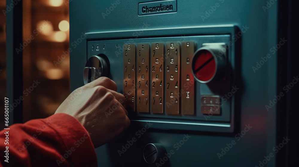 Close - up of a hand placing a random code into a security safe with a digital keypad lock - obrazy, fototapety, plakaty 