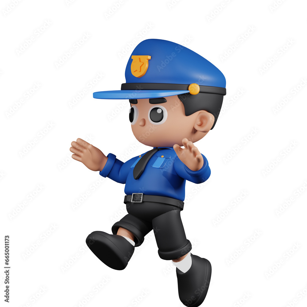 3d Character Policeman Jumping Pose. 3d render isolated on transparent backdrop.