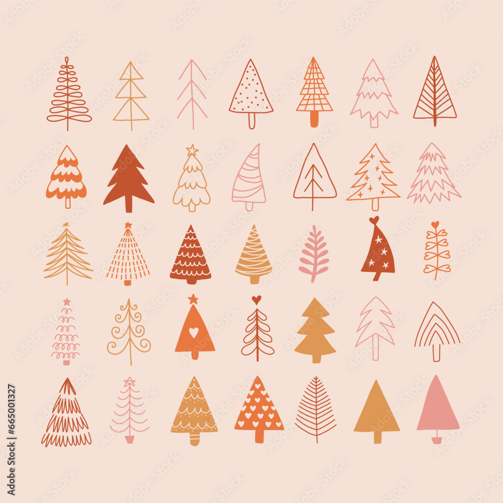 Hand drawn boho set of Christmas trees. Holidays modern pink and gold element collection. Abstract doodle drawing woods. Vector art illustration