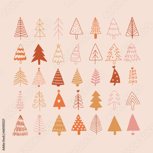 Hand drawn boho set of Christmas trees. Holidays modern pink and gold element collection. Abstract doodle drawing woods. Vector art illustration