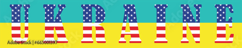 Vector drawing with the inscription 
of the name of the country of ukraine (font
with american pattern of stars and stripes 
of usa flag) 
on the background of
yellow blue national ukraine flag.