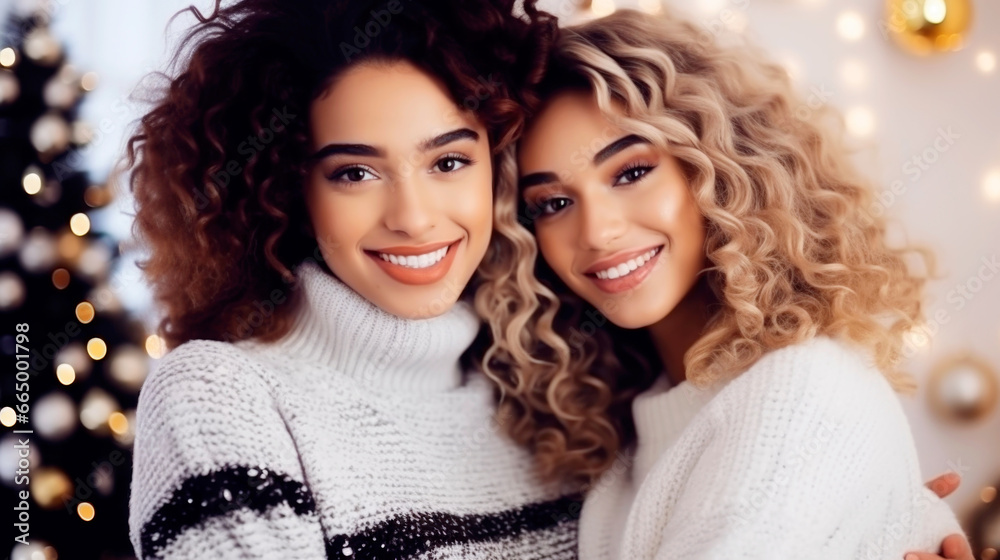 Two young beautiful smiling international hipster female wearing warm winter sweaters. Sexy carefree women posing on white background in studio. Ai generated Two young beautiful smiling international hipster female wearing warm winter sweaters. Sexy carefree women posing on white background in studio. Ai generated